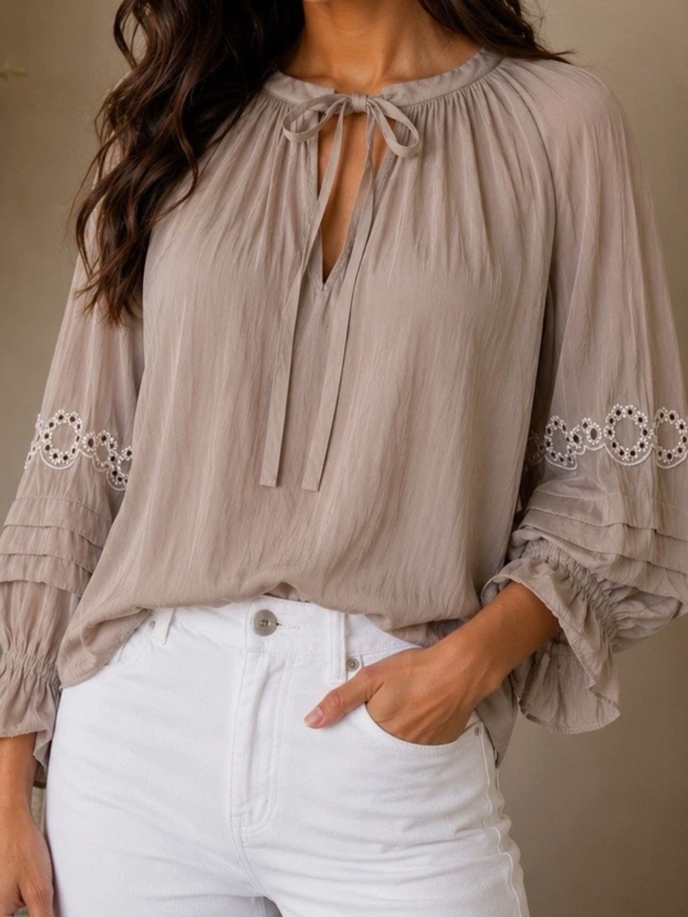 Ramy Brook Taupe Tie-Neck Peasant Blouse